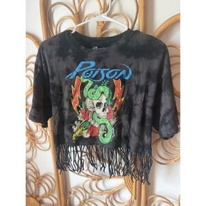 Poison Band Graphic Tee Womens Medium Tie Dye Fringe Crop Top Skull Snake Black